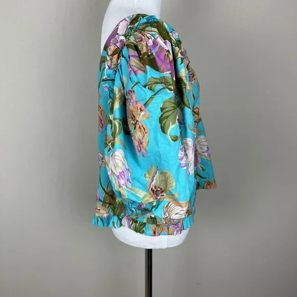 Anthropologie Love The‎ Label Top Womens XL Blue Floral Puff Sleeve Asymmetrical - Picture 7 of 14